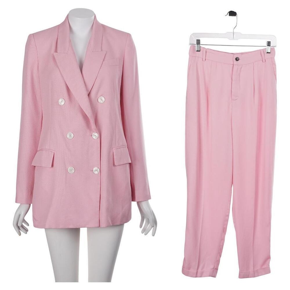 Zara 2pc Suit Set XS Pink Double Breasted Blazer Jacket Tapered Leg Trouser Pant